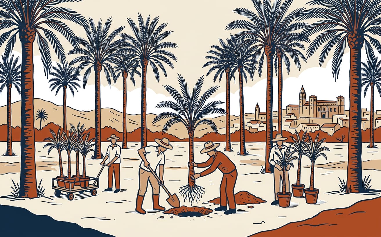Orihuela trasplanta cerca de 100 palmeras para recuperar zonas vacías del Palmeral Histórico