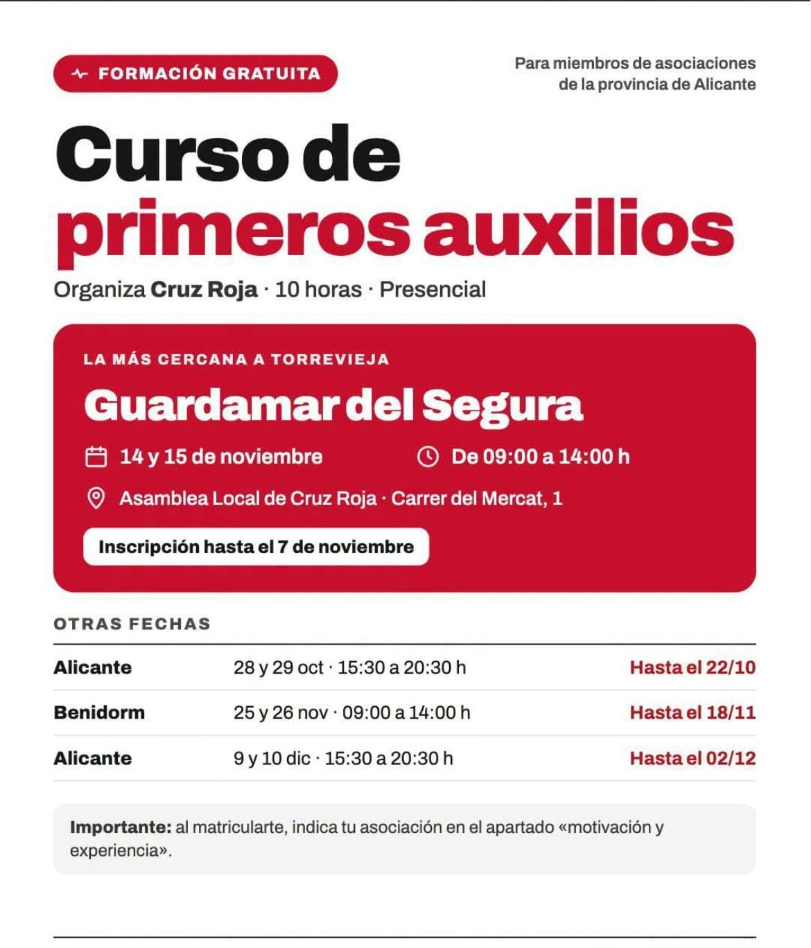 Cruz Roja ofrece en Guardamar un curso gratuito de primeros auxilios los días 14 y 15 de noviembre